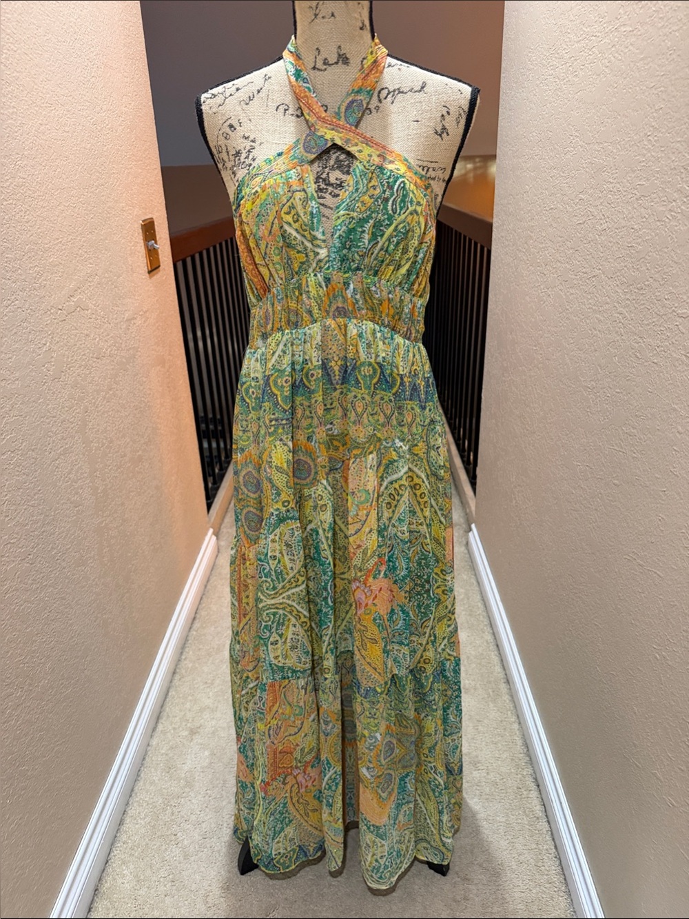 Zara Cross-Neck Paisley Maxi Dress in Green, Yellow and Orange
